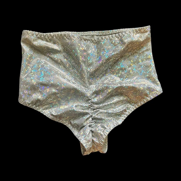 Silver Shimmery High Waisted Rave Girl Booty Shorts - Picture 2 of 7